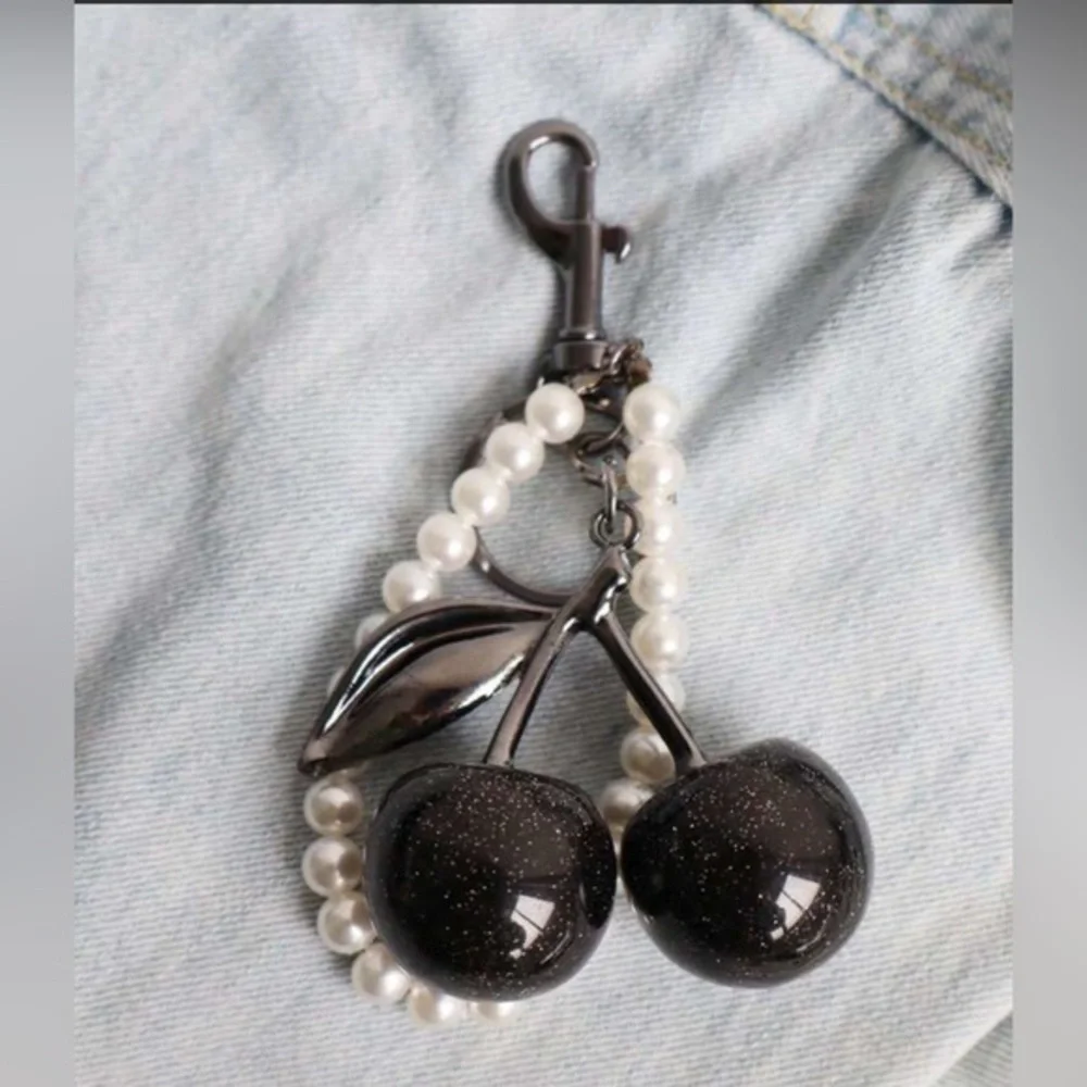 ✨NEW✨ Black Glitter Sparkling Cherry Keychain with Pearls Purse Bag charm